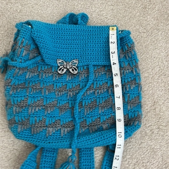 Crochet Backpack  Blue Gray Handmade Butterfly Accent Drawstring Bag Vintage‎ - Picture 6 of 8